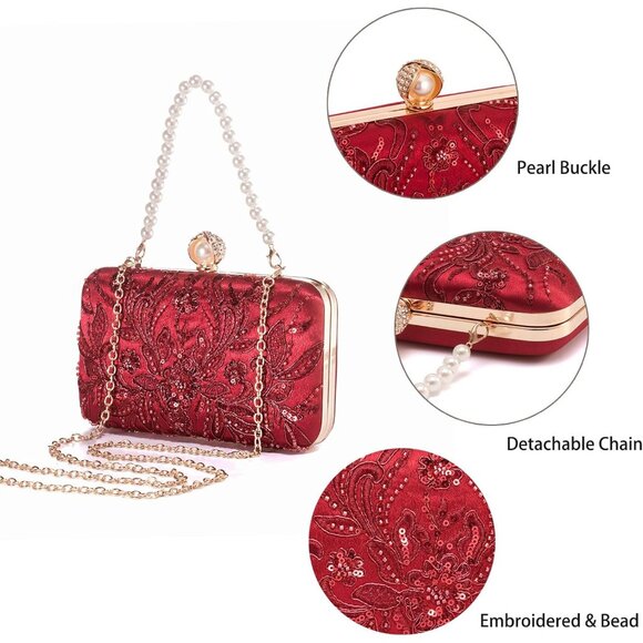 ⚡ Women's Evening Sequins Beaded Decent Designed Embroidery Red Clutch Handbag - Picture 3 of 9